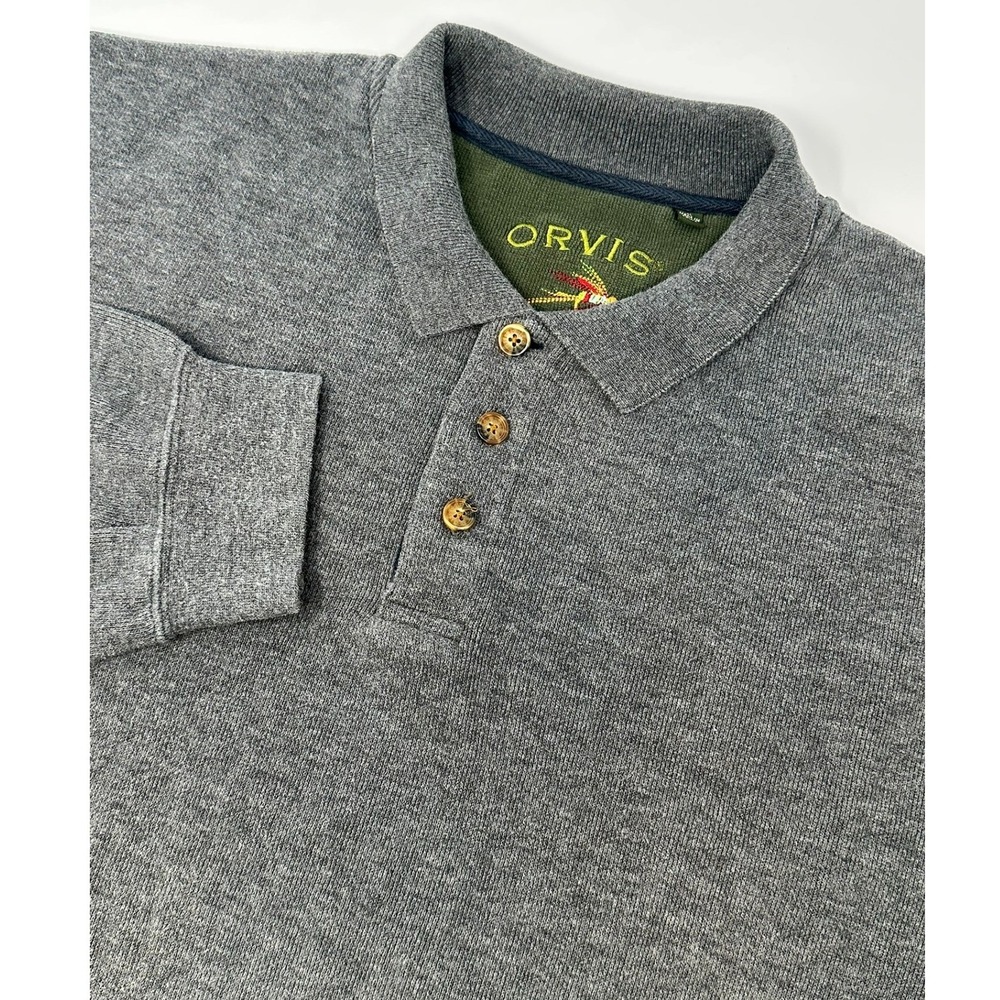Orvis Mens XL Long Sleeve Polo Shirt Gray 100% Cotton Pique Knit Fly Logo